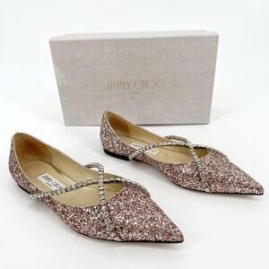 Jimmy Choo Rose Gold Genevi Coarse Glitter Crystal Pointed Toe Flat size IT 39.5